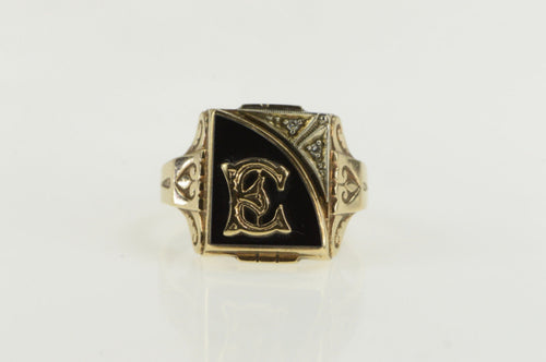 10K Art Deco Black Onyx Diamond E Monogram Ring Yellow Gold