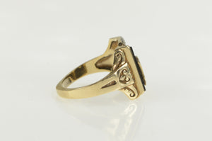 10K Art Deco Black Onyx Diamond E Monogram Ring Yellow Gold