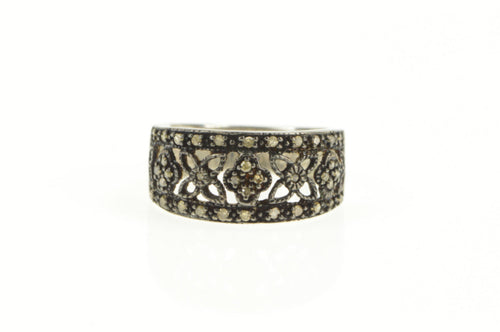 Sterling Silver Fancy Diamond Ornate Floral Lattice Band Ring