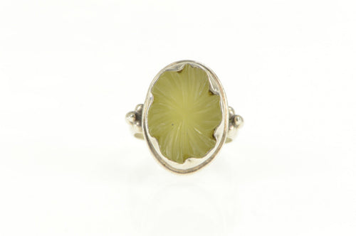 Sterling Silver Carved Green Stone Unique Statement Ring