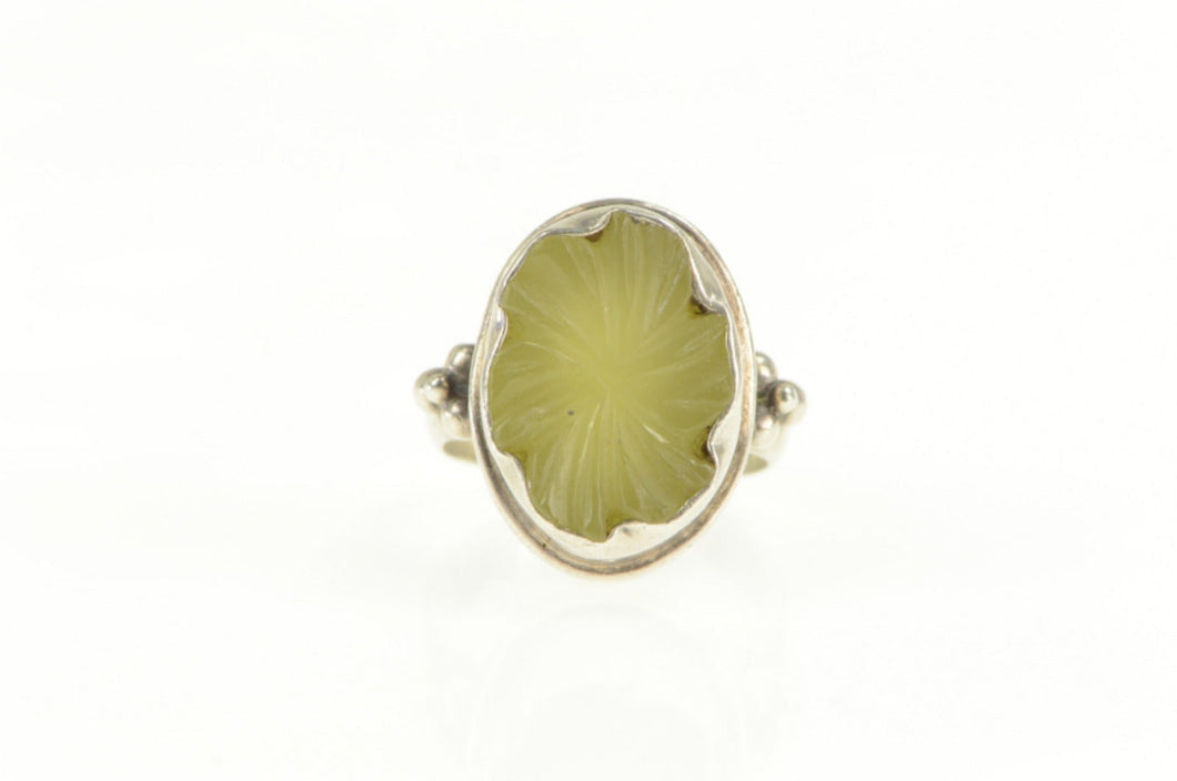 Sterling Silver Carved Green Stone Unique Statement Ring