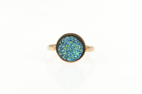 Sterling Silver Blue Green Druzy Quartz Round Statement Ring