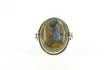 Load image into Gallery viewer, Sterling Silver Oval Labradorite Cabochon Floral Accent Ring