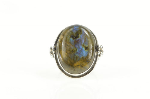 Sterling Silver Oval Labradorite Cabochon Floral Accent Ring