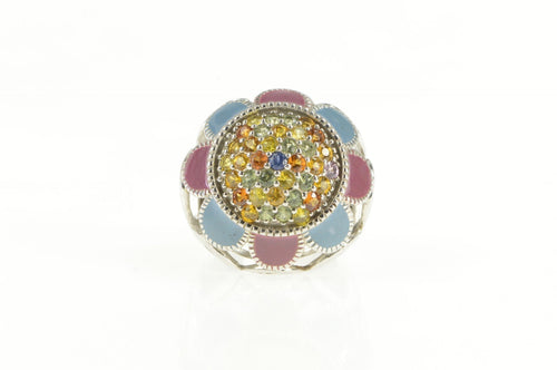 Sterling Silver Pave Rainbow Enamel Flower Cocktail Ring