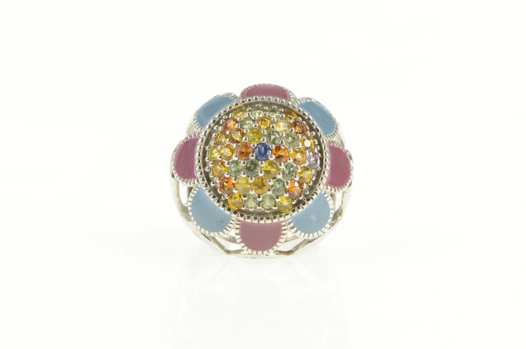 Sterling Silver Pave Rainbow Enamel Flower Cocktail Ring