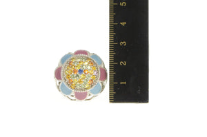 Sterling Silver Pave Rainbow Enamel Flower Cocktail Ring