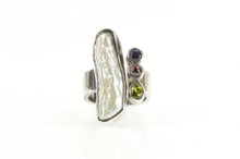 Load image into Gallery viewer, Sterling Silver Ornate Blister Pearl Peridot Garnet Abstract Ring