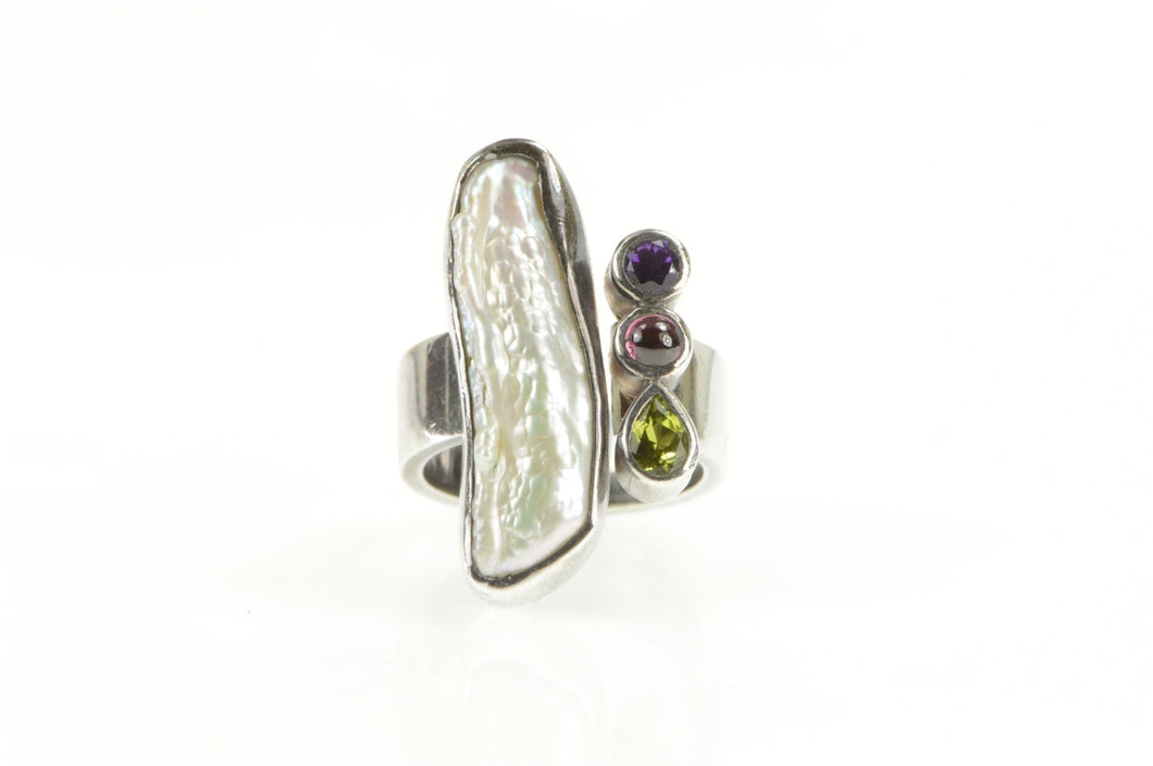 Sterling Silver Ornate Blister Pearl Peridot Garnet Abstract Ring