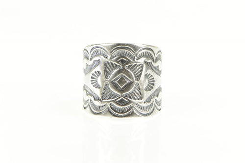 Sterling Silver Navajo Ornate Stamped Native American Band Ring