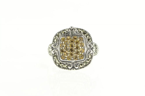 Sterling Silver Pave Sim. Citrine Marcasite Squared Statement Ring