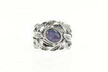 Load image into Gallery viewer, Sterling Silver Oval Syn. Opal Ornate Leaf Cluster Statement Ring