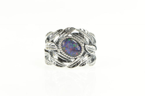 Sterling Silver Oval Syn. Opal Ornate Leaf Cluster Statement Ring