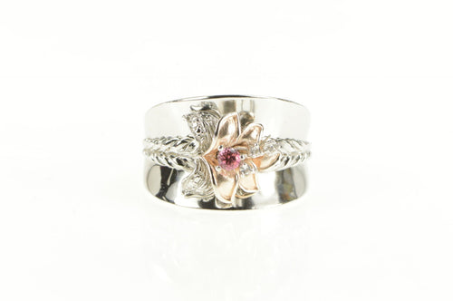 Sterling Silver Retro Floral Pink & White CZ Lily Flower Ring