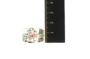 Sterling Silver Retro Floral Pink & White CZ Lily Flower Ring