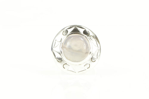 Sterling Silver Round Rose Quartz Cabochon Ornate Cocktail Ring