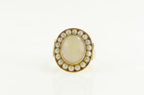 14K Victorian Natural Opal Pearl Halo Cocktail Ring Yellow Gold