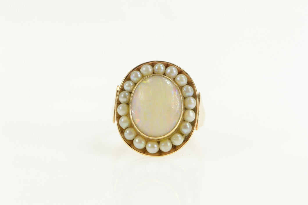 14K Victorian Natural Opal Pearl Halo Cocktail Ring Yellow Gold