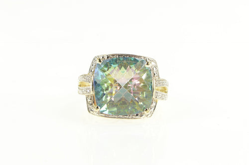 14K Cushion Mystic Topaz Diamond Accent Cocktail Ring Yellow Gold