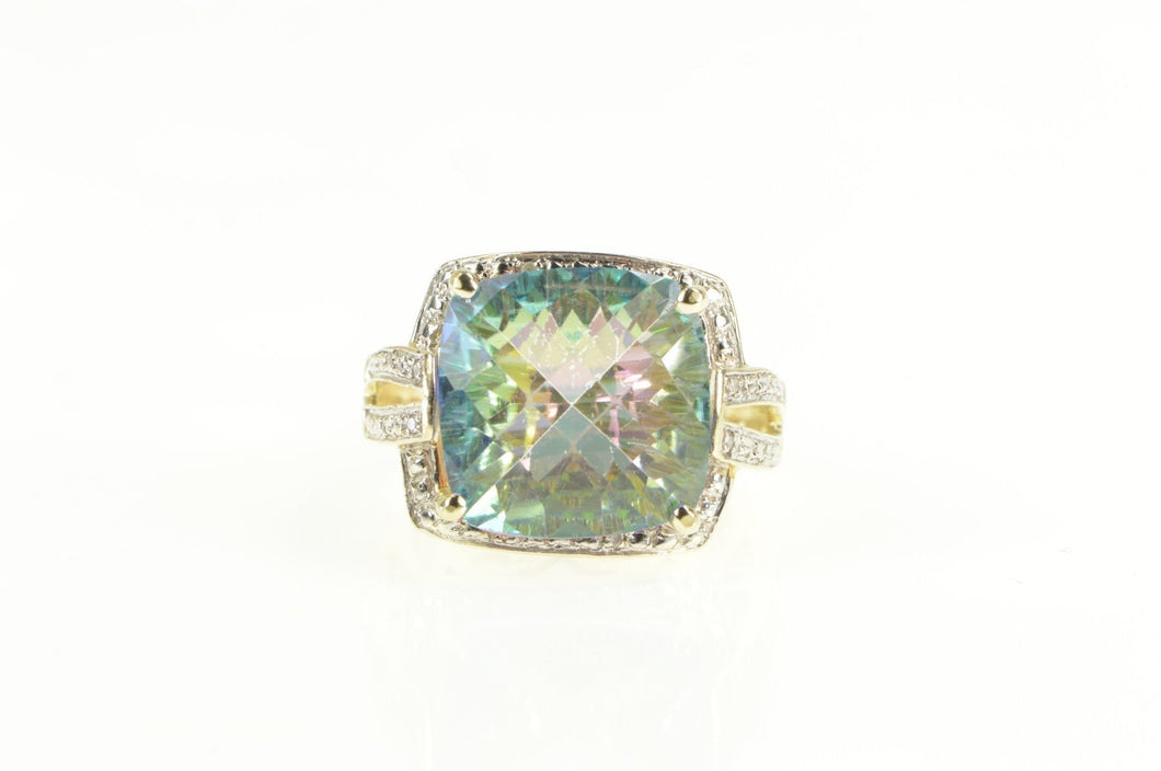 14K Cushion Mystic Topaz Diamond Accent Cocktail Ring Yellow Gold