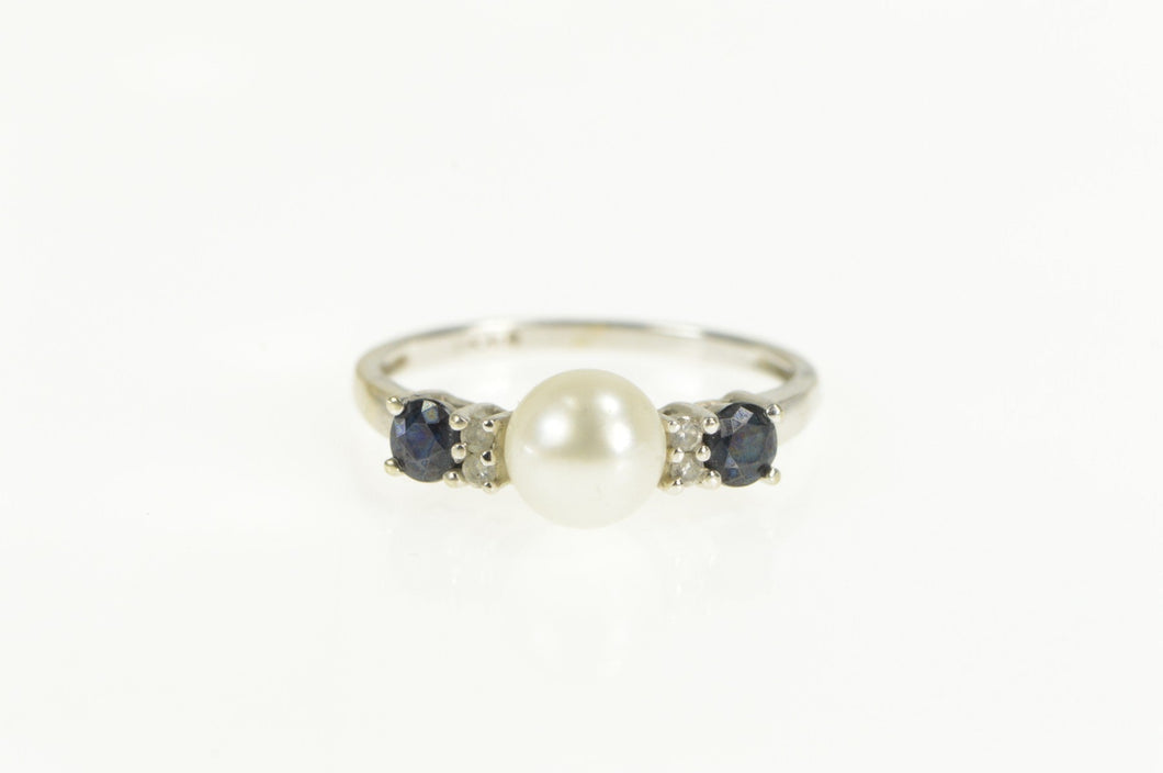 10K Pearl Sapphire Diamond Classic Statement Ring White Gold