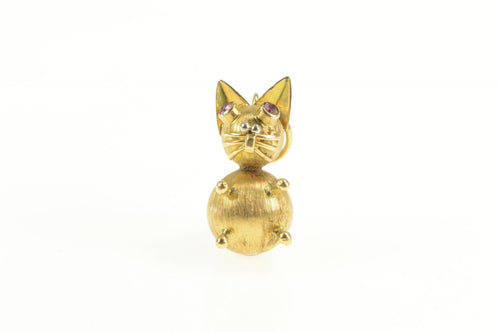 14K Retro Pink Sapphire Eyed Cat Kitten Rounded Charm/Pendant Yellow Gold