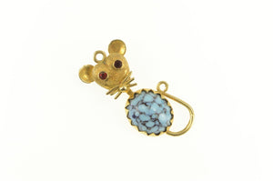 14K Retro Syn. Turquoise Ruby Eyed Rat Mouse Charm/Pendant Yellow Gold