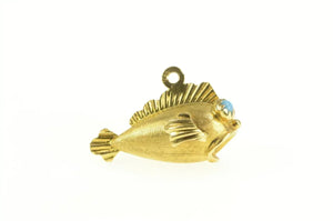 18K 1960's 3D Turquoise Eyed Fish Retro Stylized Charm/Pendant Yellow Gold