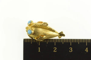 18K 1960's 3D Turquoise Eyed Fish Retro Stylized Charm/Pendant Yellow Gold