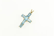 Load image into Gallery viewer, 10K Emerald Cut Blue Topaz Cross Christian Faith Pendant Yellow Gold