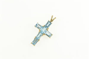 10K Emerald Cut Blue Topaz Cross Christian Faith Pendant Yellow Gold