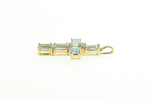 10K Emerald Cut Blue Topaz Cross Christian Faith Pendant Yellow Gold