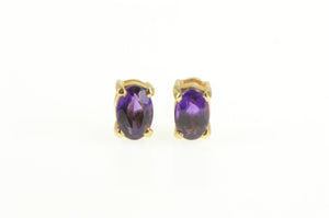 14K Amethyst Oval Solitaire Classic Simple Stud Earrings Yellow Gold
