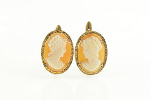14K Ornate Carved Shell Cameo Lever Back Classic Earrings Yellow Gold
