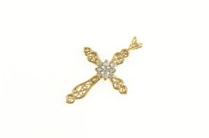 14K Diamond Ornate Filigree Cross Christian Faith Pendant Yellow Gold