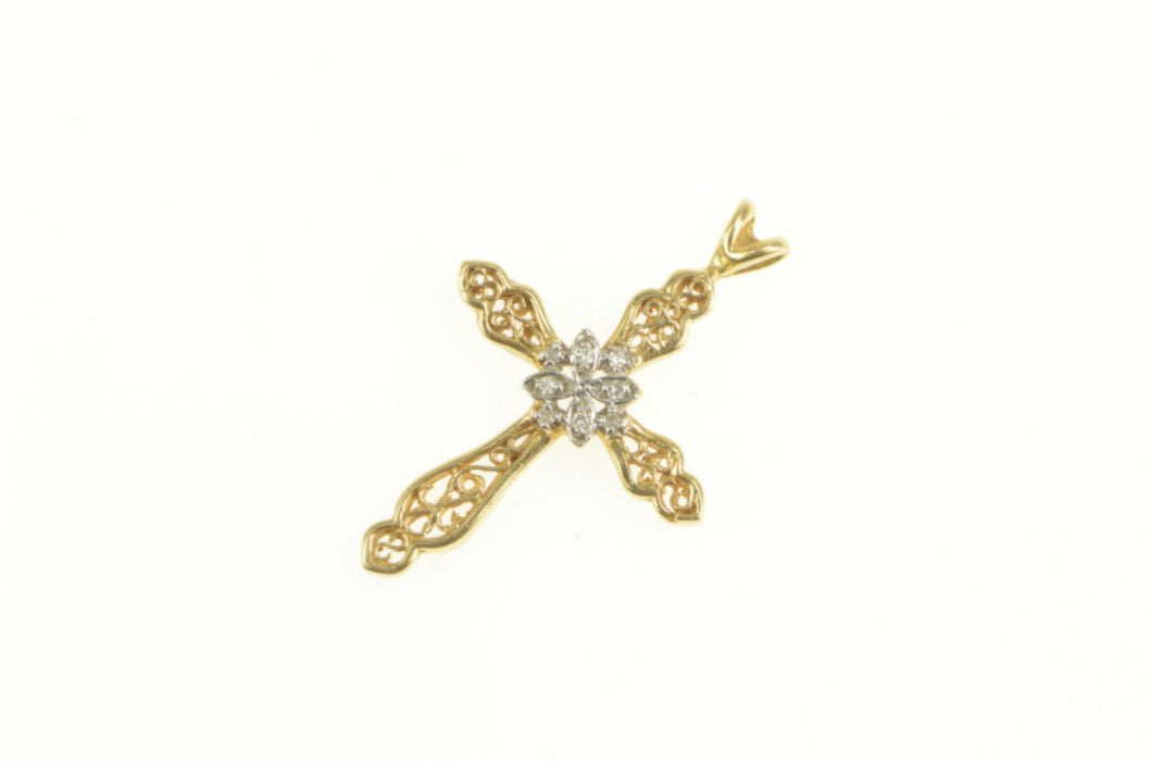 14K Diamond Ornate Filigree Cross Christian Faith Pendant Yellow Gold