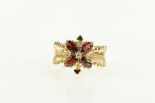 Load image into Gallery viewer, 14K Garnet Diamond Flower Ornate Engagement Ring Yellow Gold