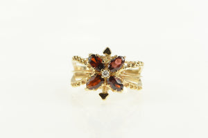 14K Garnet Diamond Flower Ornate Engagement Ring Yellow Gold