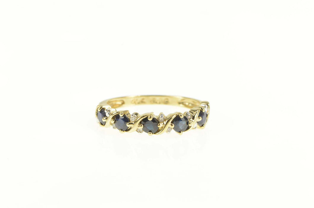 10K Sapphire Diamond Wavy Pattern Wedding Band Ring Yellow Gold