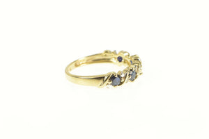 10K Sapphire Diamond Wavy Pattern Wedding Band Ring Yellow Gold