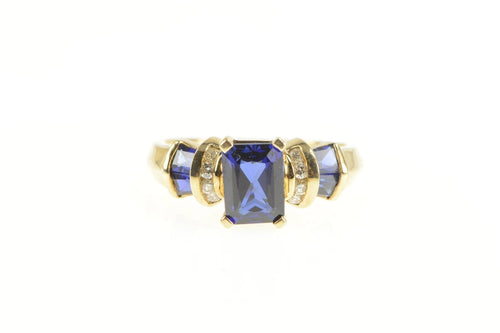 10K Emerald Syn. Sapphire Diamond Statement Ring Yellow Gold
