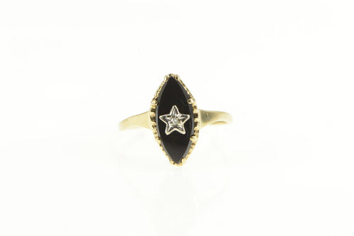 10K Marquise Black Onyx Diamond Star Ornate Ring Yellow Gold