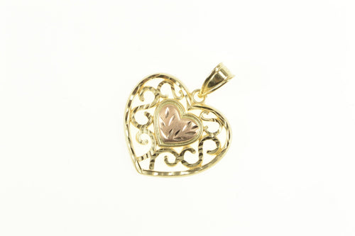 14K Scroll Filigree Diamond Cut Heart Love Symbol Pendant Yellow Gold