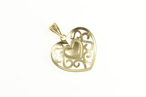 14K Scroll Filigree Diamond Cut Heart Love Symbol Pendant Yellow Gold
