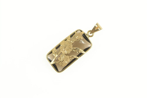 14K Etched Flower Smoky Quartz Overlay Bar Pendant Yellow Gold