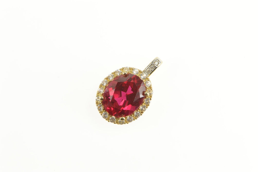 10K Oval Syn. Ruby CZ Halo Classic Statement Pendant Yellow Gold