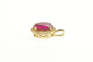 10K Oval Syn. Ruby CZ Halo Classic Statement Pendant Yellow Gold