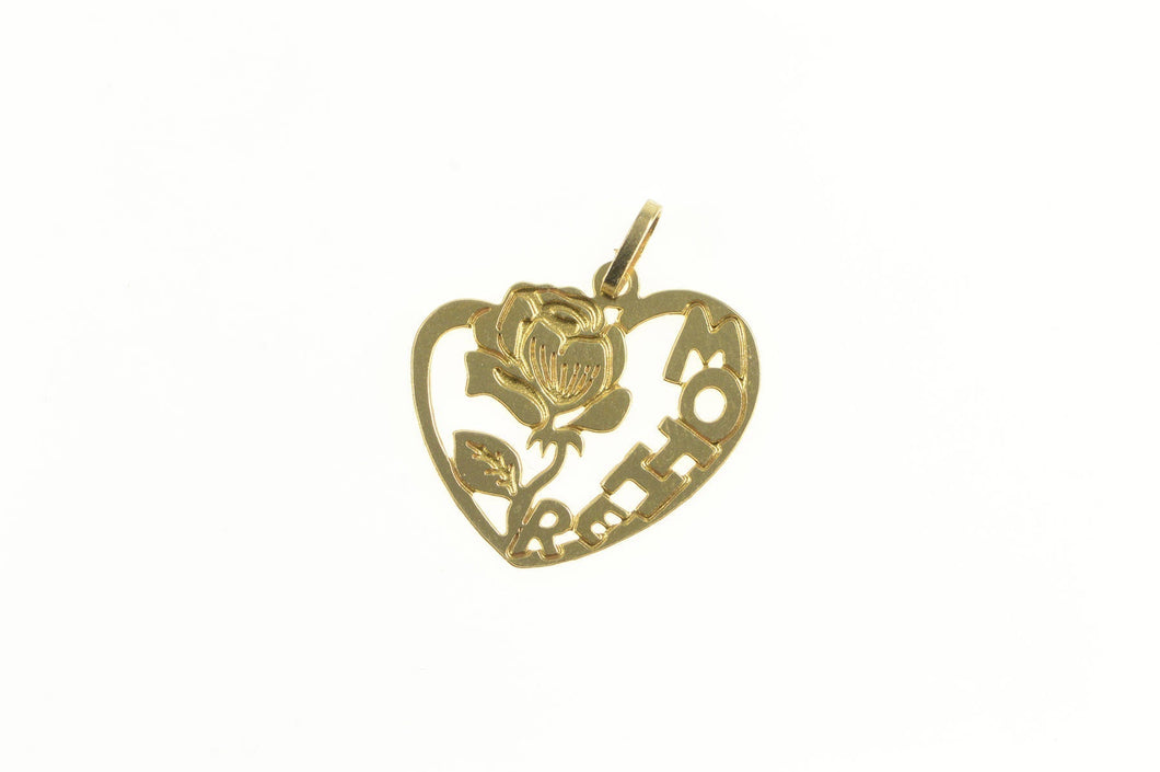 14K Mother Rose Flower Mother's Day Heart Love Charm/Pendant Yellow Gold