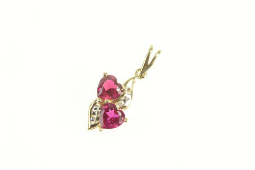 10K Two Syn. Ruby Heart Love Symbol Diamond Charm/Pendant Yellow Gold