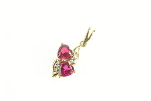 10K Two Syn. Ruby Heart Love Symbol Diamond Charm/Pendant Yellow Gold